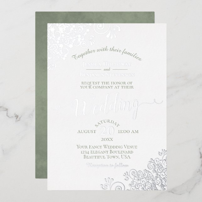 Elegant Silver Lace & Sage Green on White Wedding  (Front/Back)