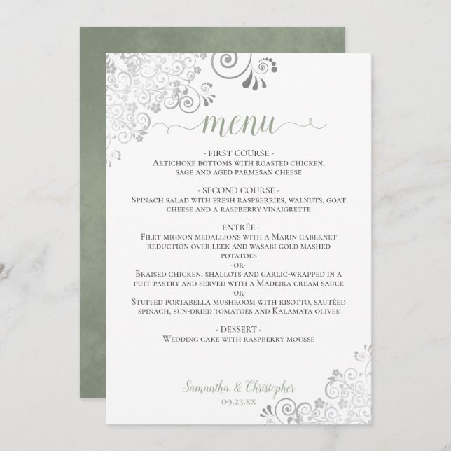 Elegant Silver Lace Sage Green on White Wedding Menu (Front/Back)