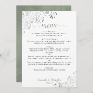 Elegant Silver Lace Sage Green on White Wedding Menu