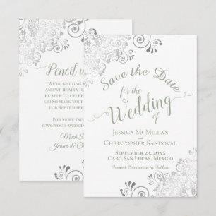 Elegant Silver Lace Sage Green on White Wedding Save The Date