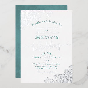 Elegant Silver Lace & Teal on White Wedding