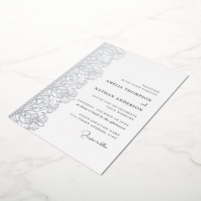 Elegant Silver Lace Wedding  Foil Invitation (Rotated)