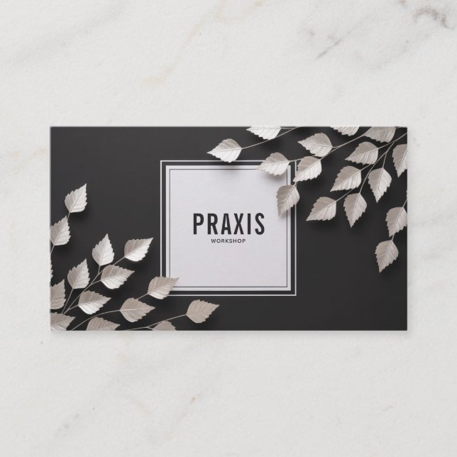 Elegant Silver Leaf Botanical Black Business Card (Front)