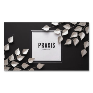 Elegant Silver Leaf Branch Minimalist Black Magnetic Business Card