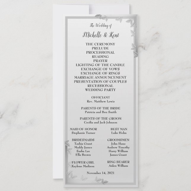 Elegant Silver Leaves Design Wedding Menu Card (Front)