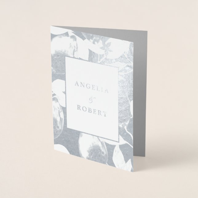 Elegant Silver Lemons & Foliage Wedding Real Foil Card (Front)