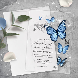 Elegant Silver Light Baby Blue Butterfly Wedding Acrylic Invitations