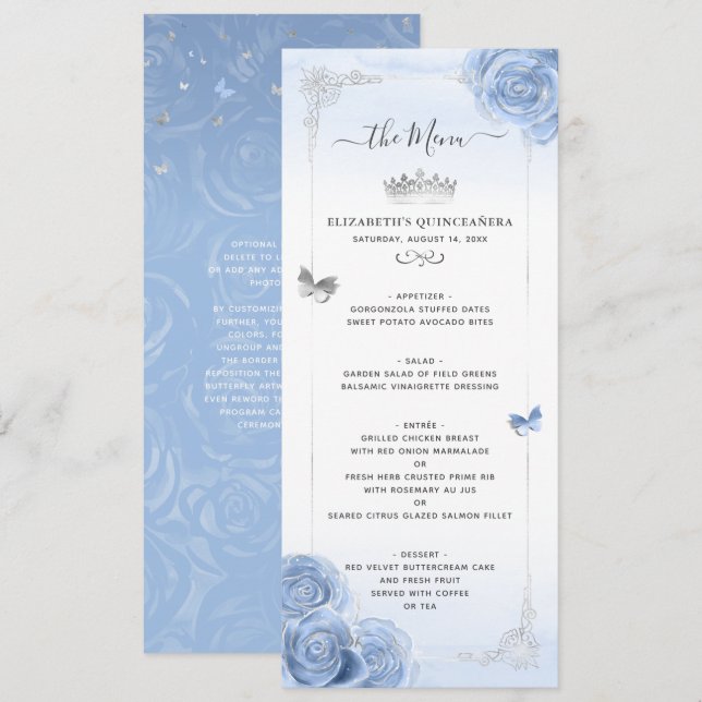 Elegant Silver Light Blue Roses Watercolor Floral Menu (Front/Back)