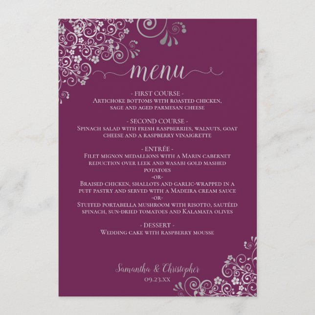 Elegant Silver & Magenta Plum Purple Wedding Menu (Front)