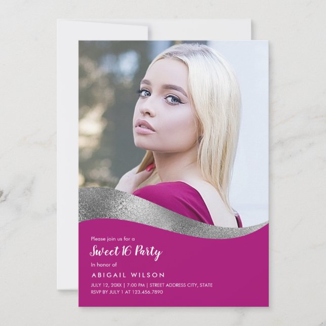 Elegant silver magenta sweet sixteen birthday invitation (Front)