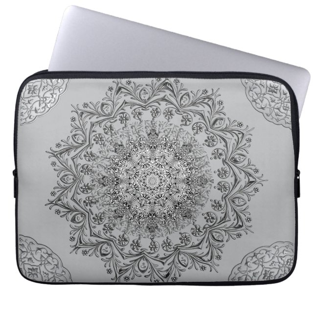 ​Elegant Silver Mandala Pattern Laptop Sleeve (Front)