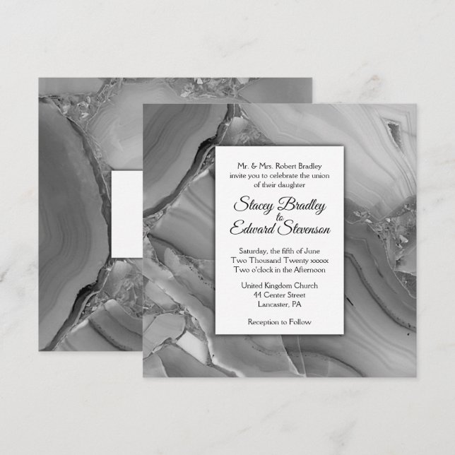 Elegant Silver Marble Agate Wedding Invitation (Front/Back)