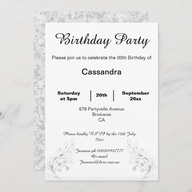 ELEGANT SILVER MARBLE BLACK WHITE CUSTOM BIRTHDAY INVITATION (Front/Back)
