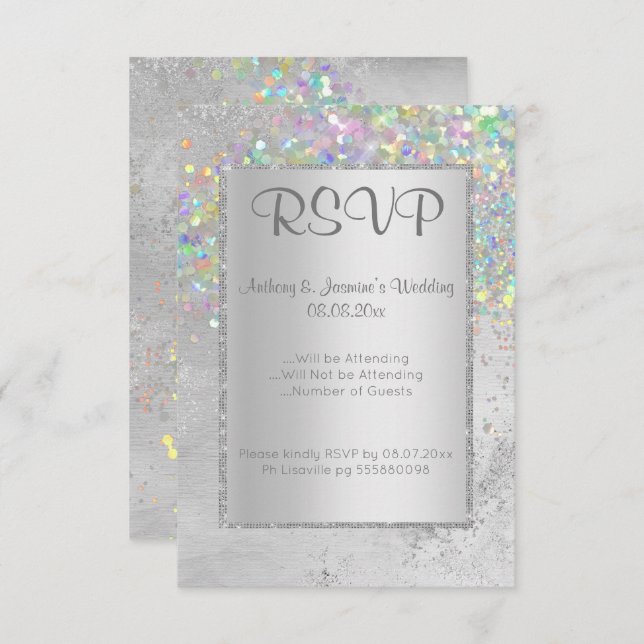 ELEGANT SILVER MARBLE HOLOGRAPHIC RSVP INVITATION (Front/Back)