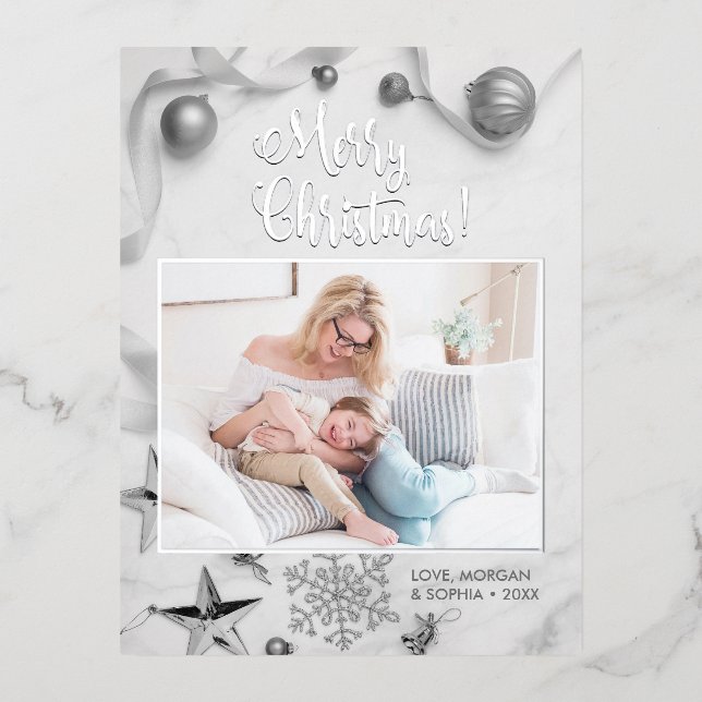 Elegant Silver Merry Christmas, Photo, Message Foil Holiday Postcard (Front)