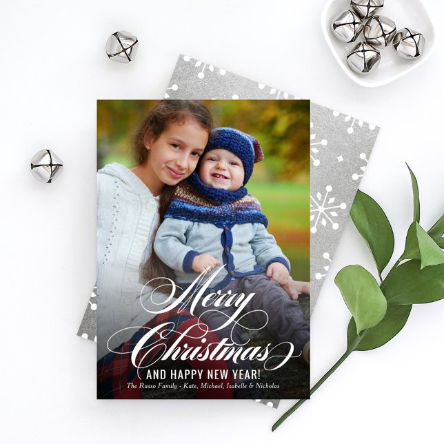 Elegant Silver Merry Christmas Script Photo Holiday Card (Creator Uploaded)