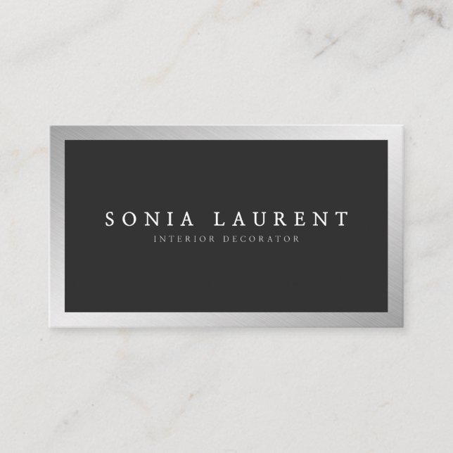 Elegant silver metallic frame minimalist black business card (Front)