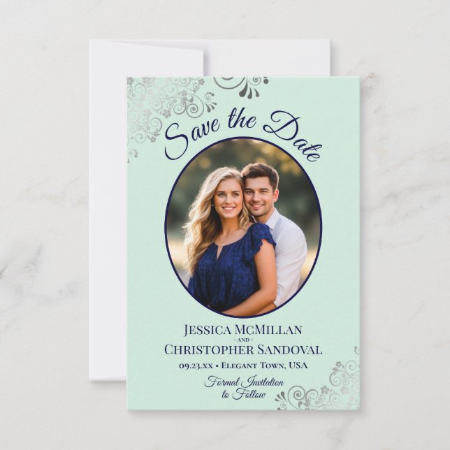 Elegant Silver Mint & Navy Oval Photo Wedding Save The Date (Front)