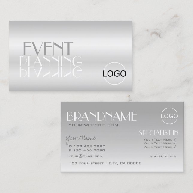 Elegant Silver Mirror Letters with Logo Modern Business Card (Front/Back)