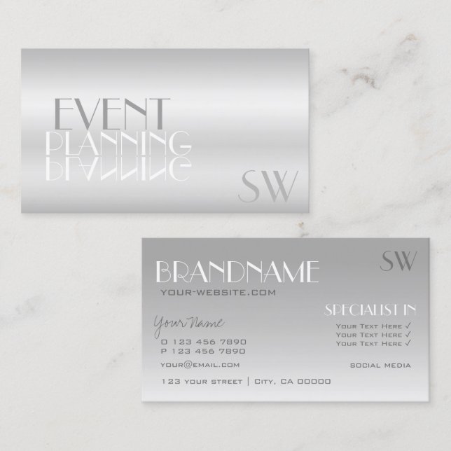 Elegant Silver Mirror Letters with Monogram Modern Business Card (Front/Back)