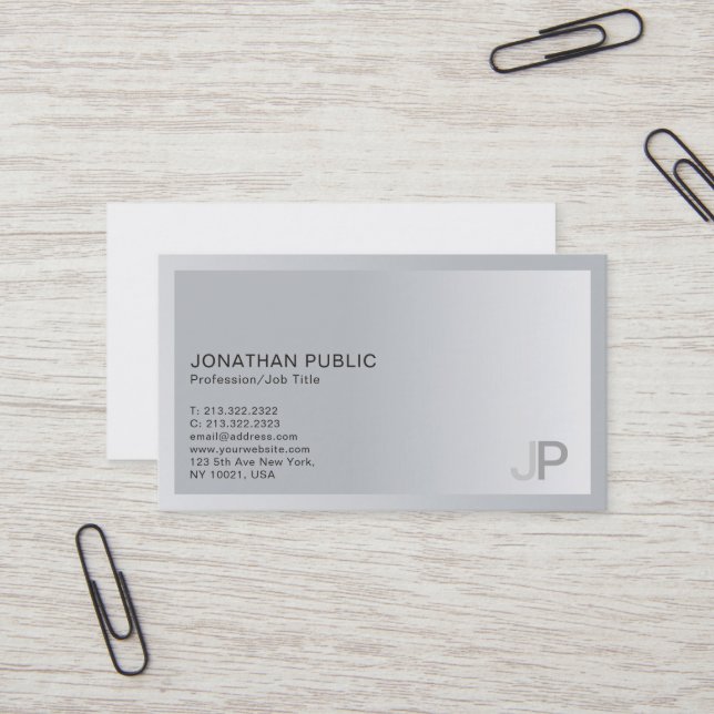 Elegant Silver Modern Professional Monogram Plain Business Card (Front/Back In Situ)