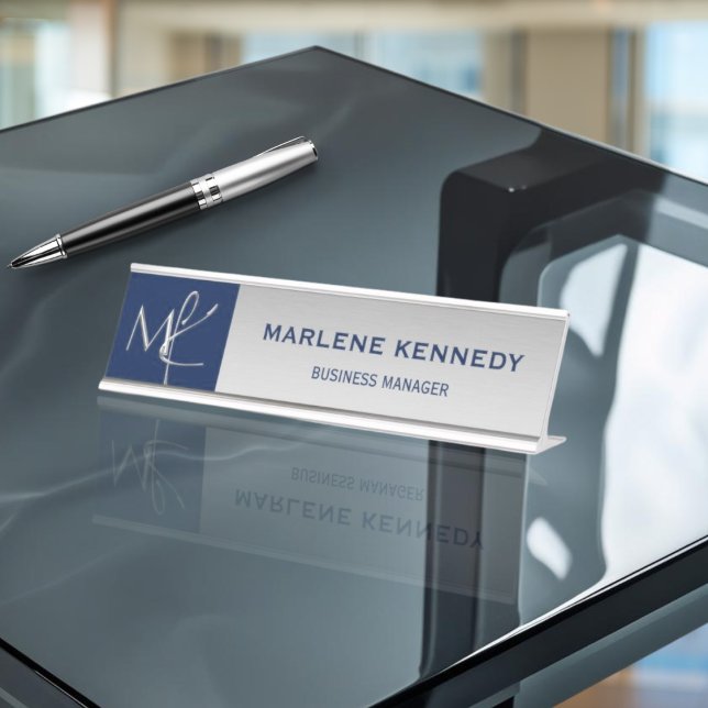 Elegant Silver Monogram Navy Blue Metal Desk Name Plate (Creator Uploaded)