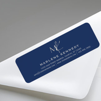 Elegant Silver Monogram Navy Blue Return Address