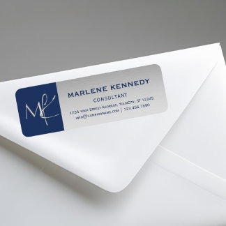Elegant Silver Monogram Navy Blue Return Address L