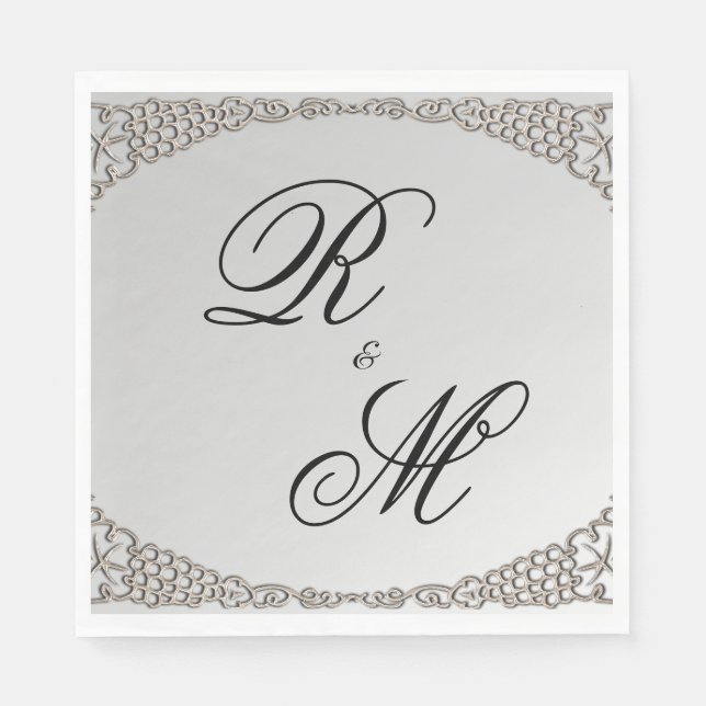 Elegant Silver Monogrammed Wedding Napkin (Front)