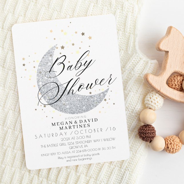 Elegant silver moon gold stars  Baby Shower  Invitation (Creator Uploaded)