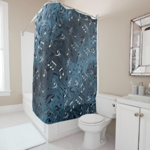 elegant silver music notes in blue shower curtain