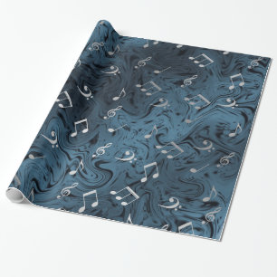 elegant silver music notes in blue wrapping paper