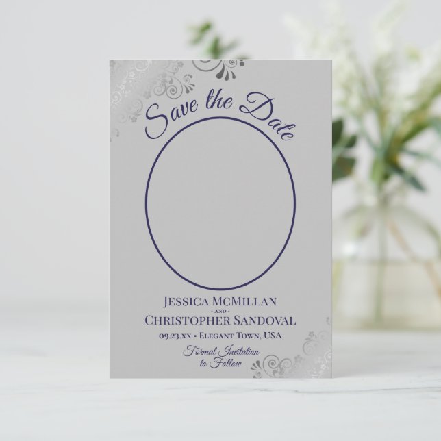 Elegant Silver & Navy Blue on Grey Photo Wedding Save The Date (Standing Front)