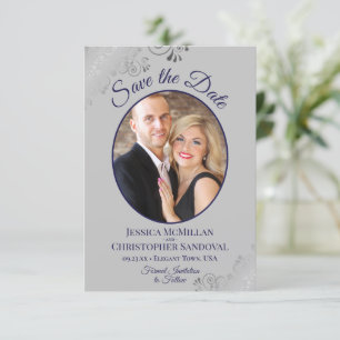 Elegant Silver & Navy Blue on Grey Photo Wedding Save The Date