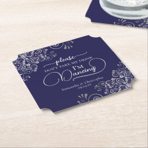 Elegant Silver & Navy Don't Take My Drink Wedding Paper Coaster