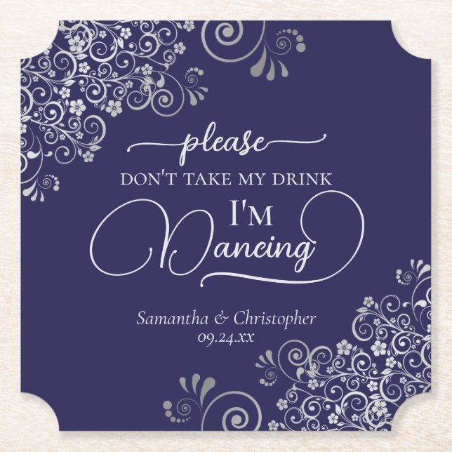 Elegant Silver & Navy Don't Take My Drink Wedding Paper Coaster (Front)