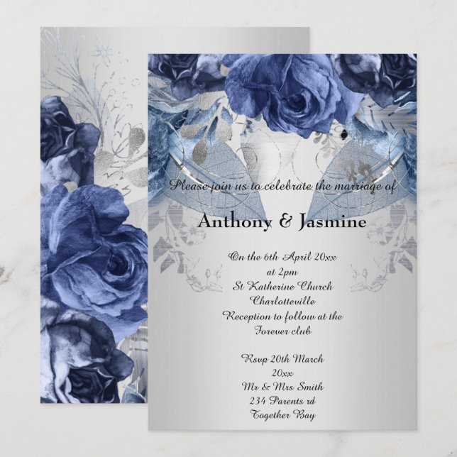 ELEGANT SILVER NAVY FLORAL ROSE WEDDING INVITATION (Front/Back)
