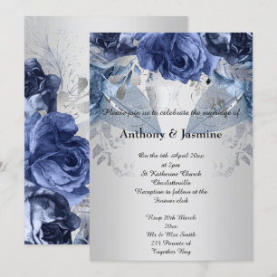 ELEGANT SILVER NAVY FLORAL ROSE WEDDING INVITATION
