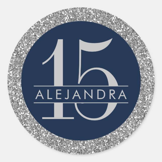 Elegant Silver Navy Quinceanera 15th Birthday Classic Round Sticker (Front)
