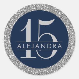 Elegant Silver Navy Quinceanera 15th Birthday Classic Round Sticker