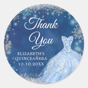 Elegant Silver Navy Snowflake Christmas 15 Anos Classic Round Sticker