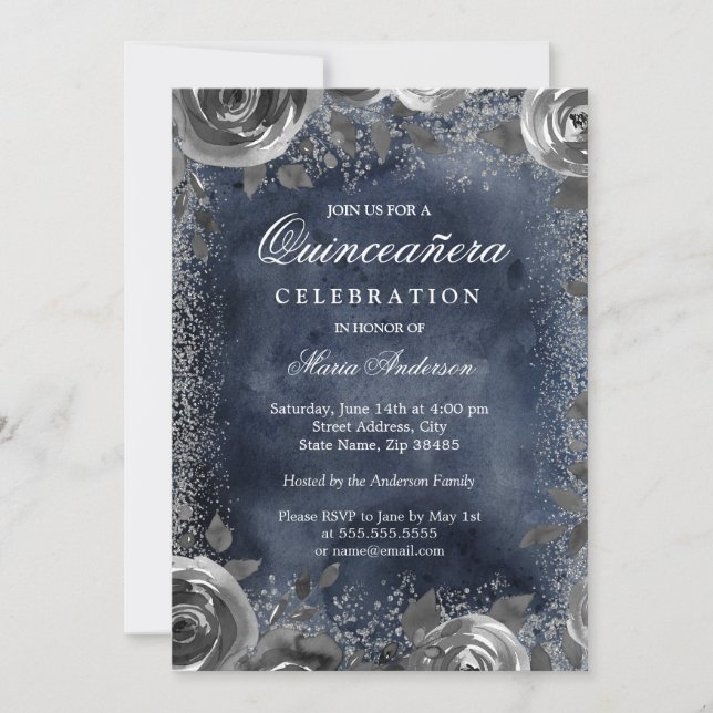 Elegant silver Navy Watercolor Quinceanera Invite (Front)