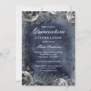 Elegant silver Navy Watercolor Quinceanera Invite