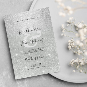 Elegant silver ombre glitter ampersand Wedding Invitation