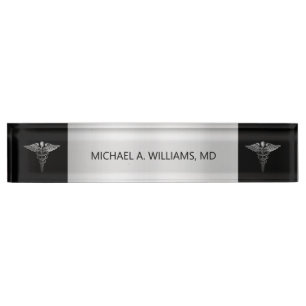 Elegant Silver on Black Caduceus Medical Doctor Nameplate