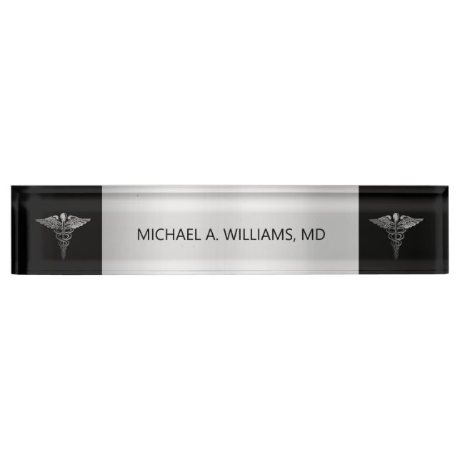 Elegant Silver on Black Caduceus Medical Doctor Nameplate (Front)