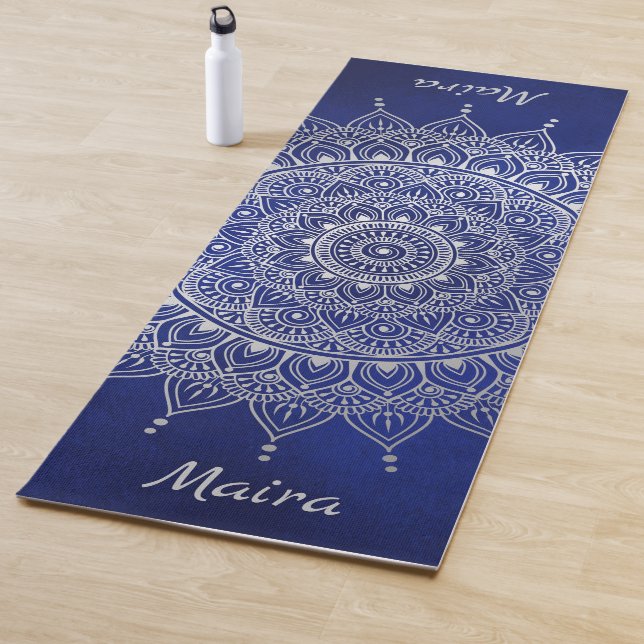 Elegant Silver on Deep Blue Floral Henna Mandala Yoga Mat (In Situ)