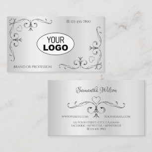 Elegant Silver Ornate Corner Borders Hearts Logo Business Card