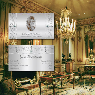 Elegant Silver Ornate Squiggled Jewels with Photo Business Card