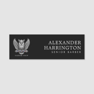 Elegant Silver Owl Barber Shop Logo Staff Name Tag